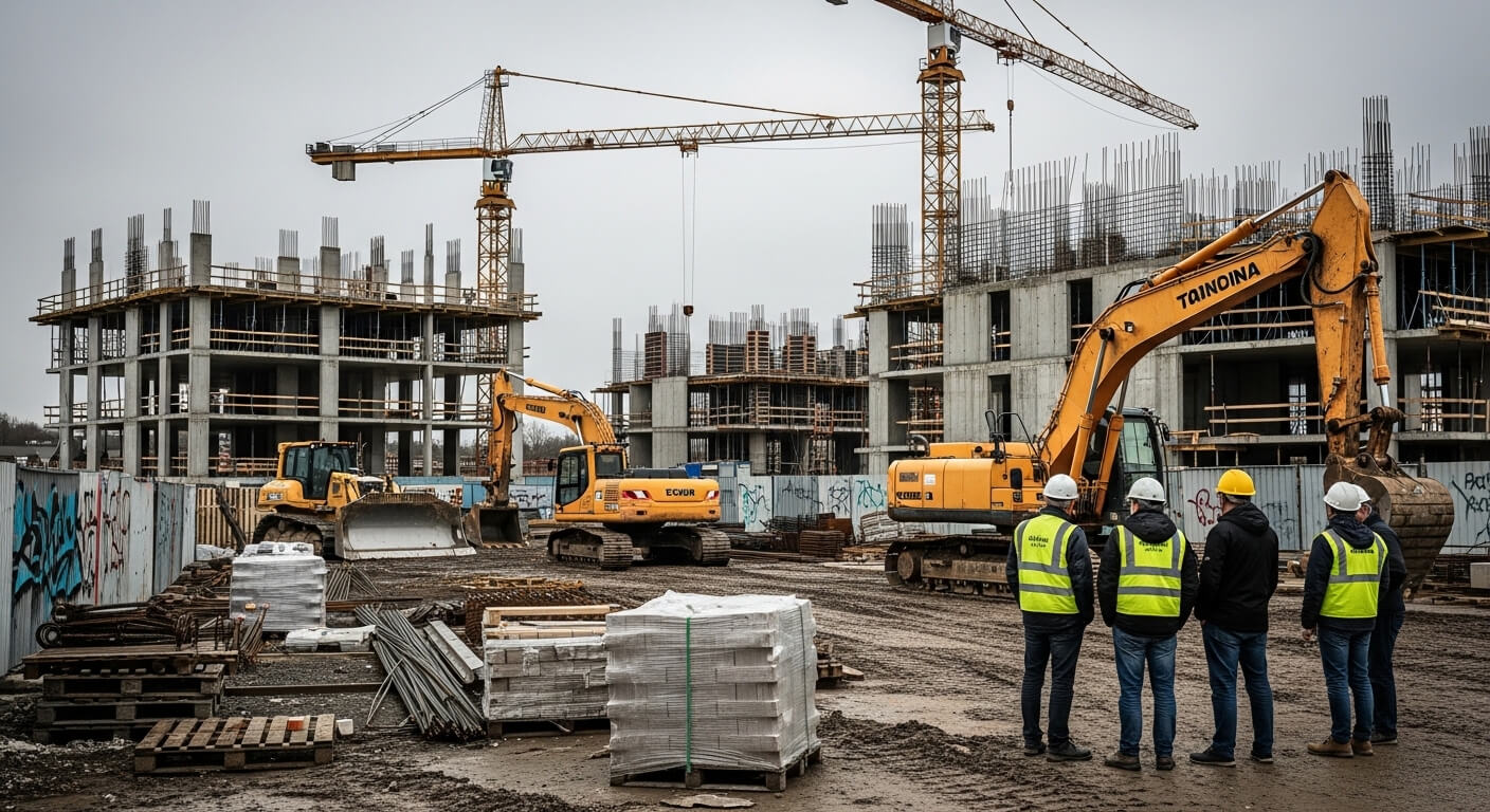 construction site with engineers reviewing schedules for delay analysis in project scheduling